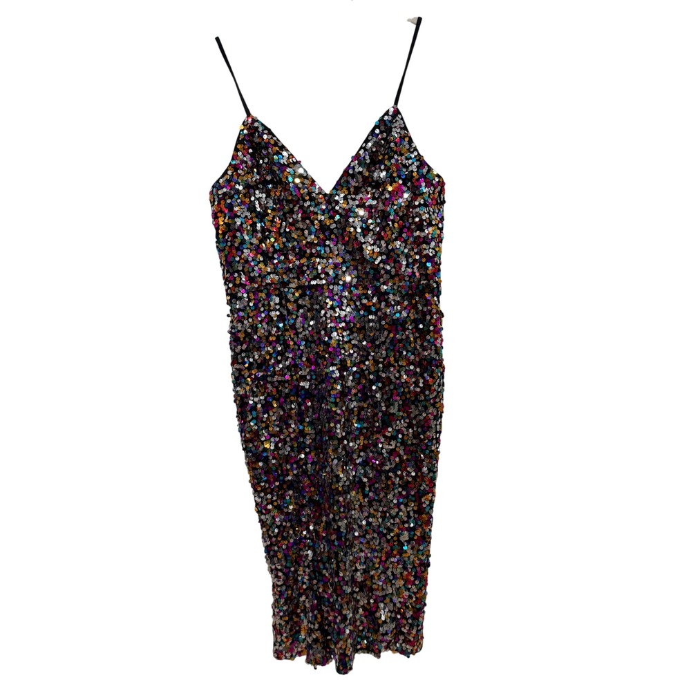 Lulus Multi Color Sequin V-Neck‎ Midi Dress Rainbow Sparkle Party Size M 25966